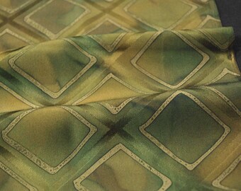 10"w. x 29.7"l. Japanese vintage silk kimono fabric green squares 3089H