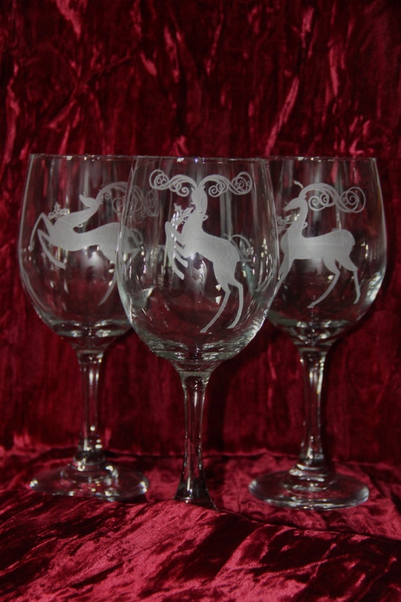 Set of 8 Hand Etched Christmas Wine Glasses