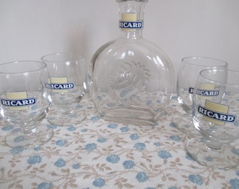 French Ricard Water bottle with 4 Ricard matching glasses. With original Design. Vintage Advertising item In VGC.