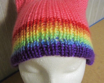 Hot Pink RAINBOW Band Pride PussyHat Cat Beanie Women's March PUSSY HAT Knit Kitty Ears 3 Sizes, -- Charity Donation & Free Shipping UsA