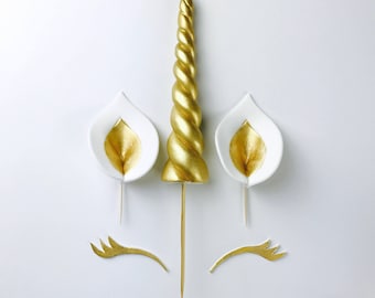 Gold Unicorn CAKE topper | Fondant Unicorn CAKE Topper | Unicorn Birthday CAKE Decorations | Unicorn Horn Ears and Eyelashes Cake Toppers