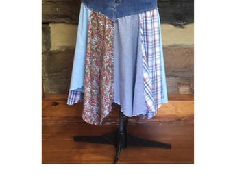 Womens Denim Skirt Hippie Boho Hippie Patchwork Feastival Clothing Upcycled Chic Clothes Plus Size Skirt SALE