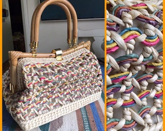 Vintage Wicker Handbag with Wood Handles & Wood Trim