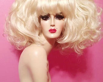 60s LADY BUNNY Campy Big Wig Bangs Custom Costume Professional Drag Queen Halloween Cosplay Retro Platinum Blond Black Brown Auburn White