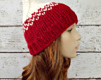 Cream and Red Knit Hat Red Womens Hat - Red Gnome Hat Cream Hat Red Beanie Womens Accessories Winter Hat