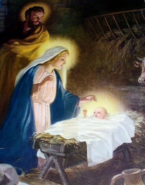 Holy Baby Jesus Child Mary Joseph Manger Religious Print Hy