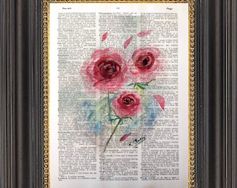 Pink Roses Wall Art, Watercolor Painting Print on Antique Dictionary Paper, Roses Art Print on Vintage Dictionary Page, Dictionary Art Print
