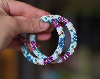 Floral Earrings, Blue and Pink Hoop Earrings, Big Hoop Earrings, Colorful Beadwork Earrings, Flower Earrings, Folk Earrings, Blue Hoops