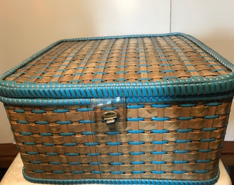 Retro Sewing Basket medium size retro storage 1960's plastic weave medium size blue satin interior pearl button detail.