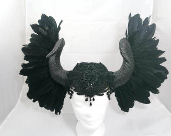 Horns Headpiece Gothic head jewelry black feather horns Headdress