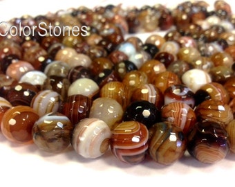 Miracle Agate 6 8 10 or 12 mm Faceted Round Beads - Full Strand - Earth Tones Brown Agate (G3533W16283034-BHM1S12)