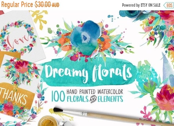 70% OFF Sale Dreamy Florals Watercolor Clipart Bundle - Hand Painted flowers, leaves, wreath, and more