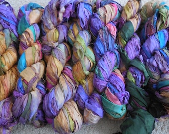 50 Yards, Sari Silk Ribbon Skein, Purple and Yellow mixed with other Colors, Fair Trade from India