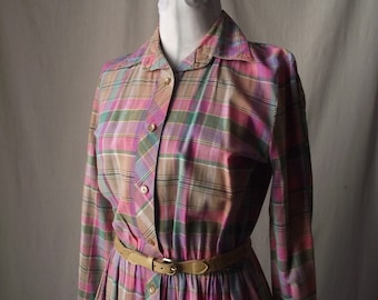 Vintage Shirt Dress 1970s Pastel Plaid Medium