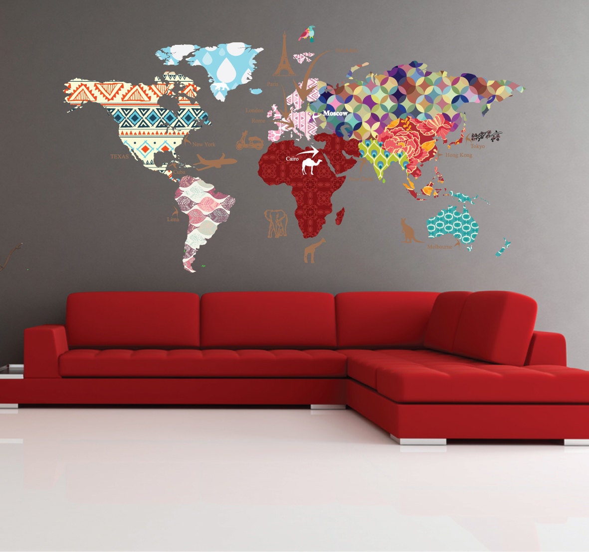 Cultural World Map Decal Pattern Map Wall Decal Clear Vinyl