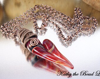 SALE***Lampwork Necklace - Copper Wire Wrapped Lampwork Heart Necklace with Earrings - KTBL