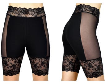 Black and Mesh Stretch Lace Shorts plus size high waisted goth bike shorts XS S M L XL 2XL 3XL Sheer Net Punk Short High Waist cotton