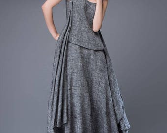 Linen Dress, maxi dress, womens dresses, dress, grey dress, summer dress, long summer dress, sleeveless dress, Asymmetrical dress C881