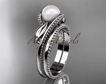 Unique 14kt white gold leaf and vine pearl engagement set AP301S