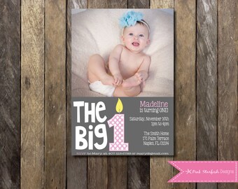 First Birthday Invitation, 1st Birthday Invitation, Birthday Invitation, Printable Invitation, The Big One, Pink, Polka Dot, Birthday Cake
