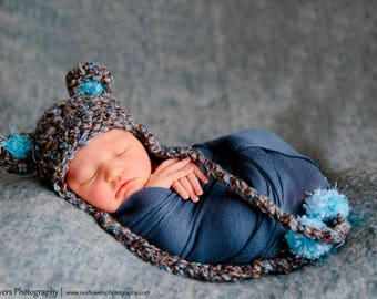 READY Baby Hat - Baby Bear Hat - Baby Boy Hat - Baby Girl Hat- 2 Color Choices Earflaps and Ties with pom pom's