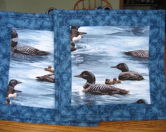 Quilted Pot Holders in a Loon Pattern - Set of 2