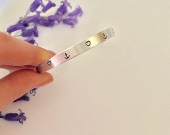 Handstamped anchor heart cuff bangle