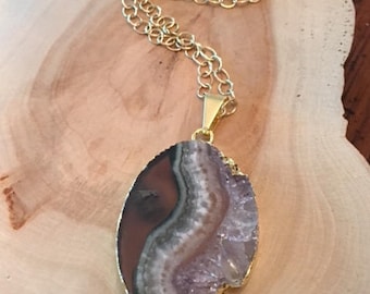 Amethyst Necklace: Gold Dipped Amethyst Necklace, Raw Amethyst Necklace, Amethyst Slice Necklace, Amethyst Pendant, Amethyst Geode