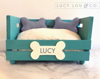 Custom Personalized Dog Bed Teal Turquoise and White and Gray with Hand-Made Pillows and Fluffy Pet Cushion