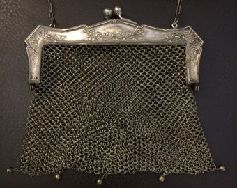 Antique German Silver Chainmail Purse, Silver Mesh, Victorian Purse