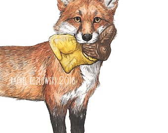 Red Fox + Chocolate Bunny - Snack Attack - Archival Print