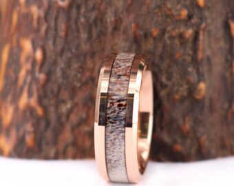 Rose Tungsten & Antler 6MM or 8MM Band With Antler Inlay Mens 8mm Wedding Band Antler Rings Man Wedding Band Rings By Pristine