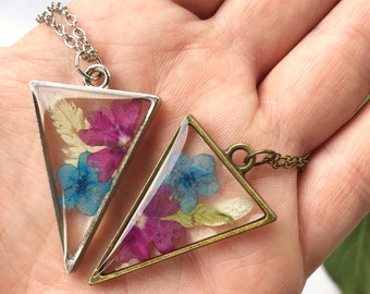 Triangle Pendant Made With Real Pressed Forget Me Not Flowers, Ferns, and Verbenas, Bridesmaid Gift, Birthday Gift, Gift For Her