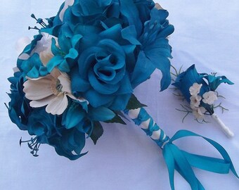 Teal, Roses, Lilies, Champagne, Cosmos, Silk, Wedding, Bridal, Bridesmaids, Bouquet, Bouts, Corsage