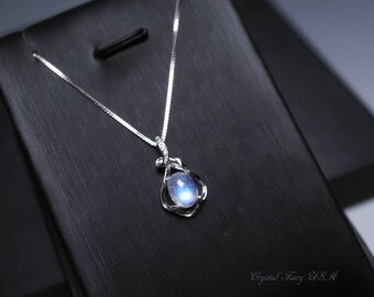 Sterling Silver Rainbow Moonstone Necklace, Moonstone Jewelry Moonstone Pendant Bridal Necklace Yoga Crystal Healing Necklace
