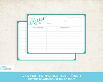 Teal 4x6 Printable Recipe Card