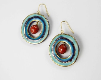 Ceramic earrings, multicolours with gold.