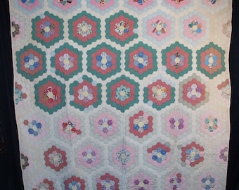 1940's Grandmother's Flower Garden Quilt For Crafters 79" x 72"