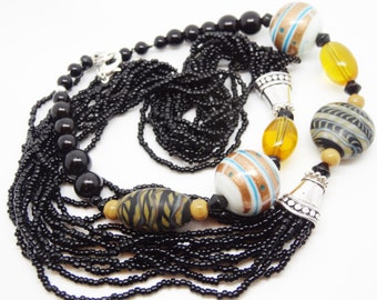 Long Black Necklace, Black Vintage Necklace, Black Beaded Necklace, Black Statement Necklace, Seed Bead Necklace, Multi Strand Boho Necklace