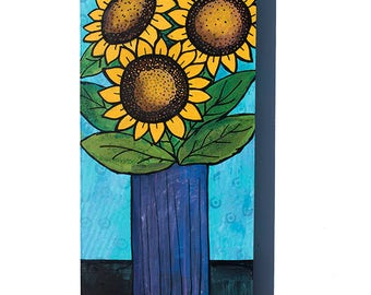 Sunflower Painting - Original Flower Mixed Media Art - Floral Wall Art Decor by Claudine Intner - Yellow and Blue