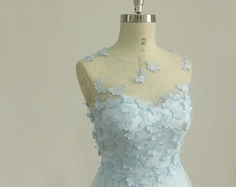 Romantic Light sky blue A line Wedding dress/Prom dress with lovely Butterfly lace flowers