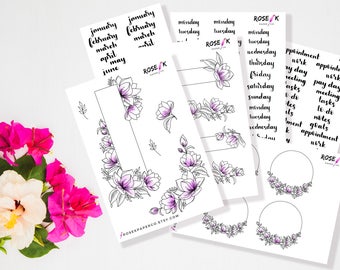 Decorative Purple Floral Monthly Kit | Bullet Journal Stickers | Brush Lettering | Watercolor Flowers | Hand Drawn