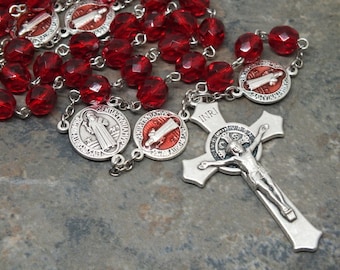 St. Benedict Rosary of Ruby Siam Czech Glass, Saint Rosary, 5 Decade Rosary, July Rosary, Birthstone Rosary, Catholic Rosary, Men's Rosary