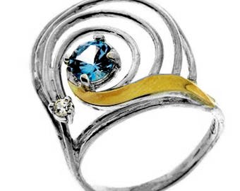 Silver and Gold ring, Blue CZ + Clear CZ / Clear CZ Ring, Womens silver ring, Unique silver ring, handmade