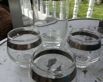 Vintage glassware barware drink shaker and glasses silver drinkware