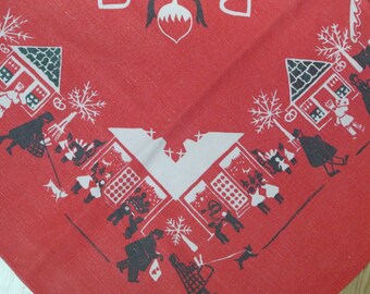 LARGE Swedish retro vintage 1950s printed cotton christmas design tabelcloth with christmas shopping motives