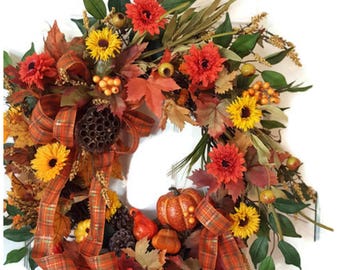 Fall Floral Wreath, Fall Grapevine Wreath, Fall Harvest Wreath, Fall Wreath, Autumn Wreath for Door, Autumn Harvest Wreath, Fall Wreath Mums