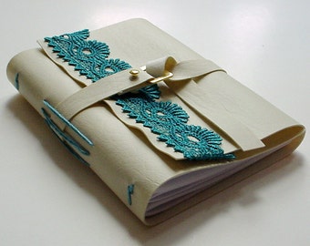 Gift For Her Under Twenty-five Dollars - Faux Leather Journal - Cream and Teal