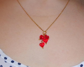 Red Heart Necklace, 16K Yellow Gold Filled Chain, Vintage Glass Heart Beads, Valentine Gift