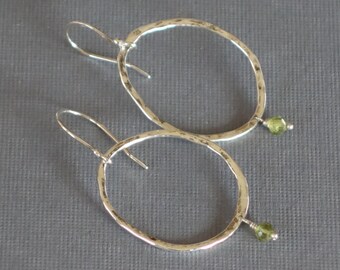 Peridot Earrings, Hammered Oval Earrings, Metalwork Earrings, Green Earrings, August Birthstone Earrings,